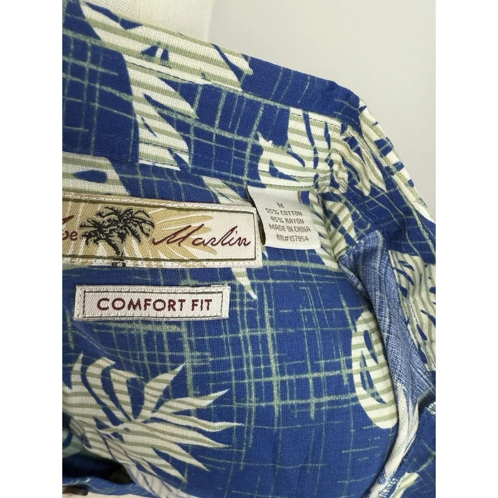 Blue‎ Marlin Mens Hawaiian Button Up Shirt Blue Comfort Fit Cotton Medium